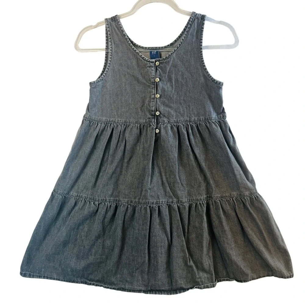 Gap Kids Denim Dress Tiered Sleeveless Tank Casual Button Front‎ Gray Black Sz L